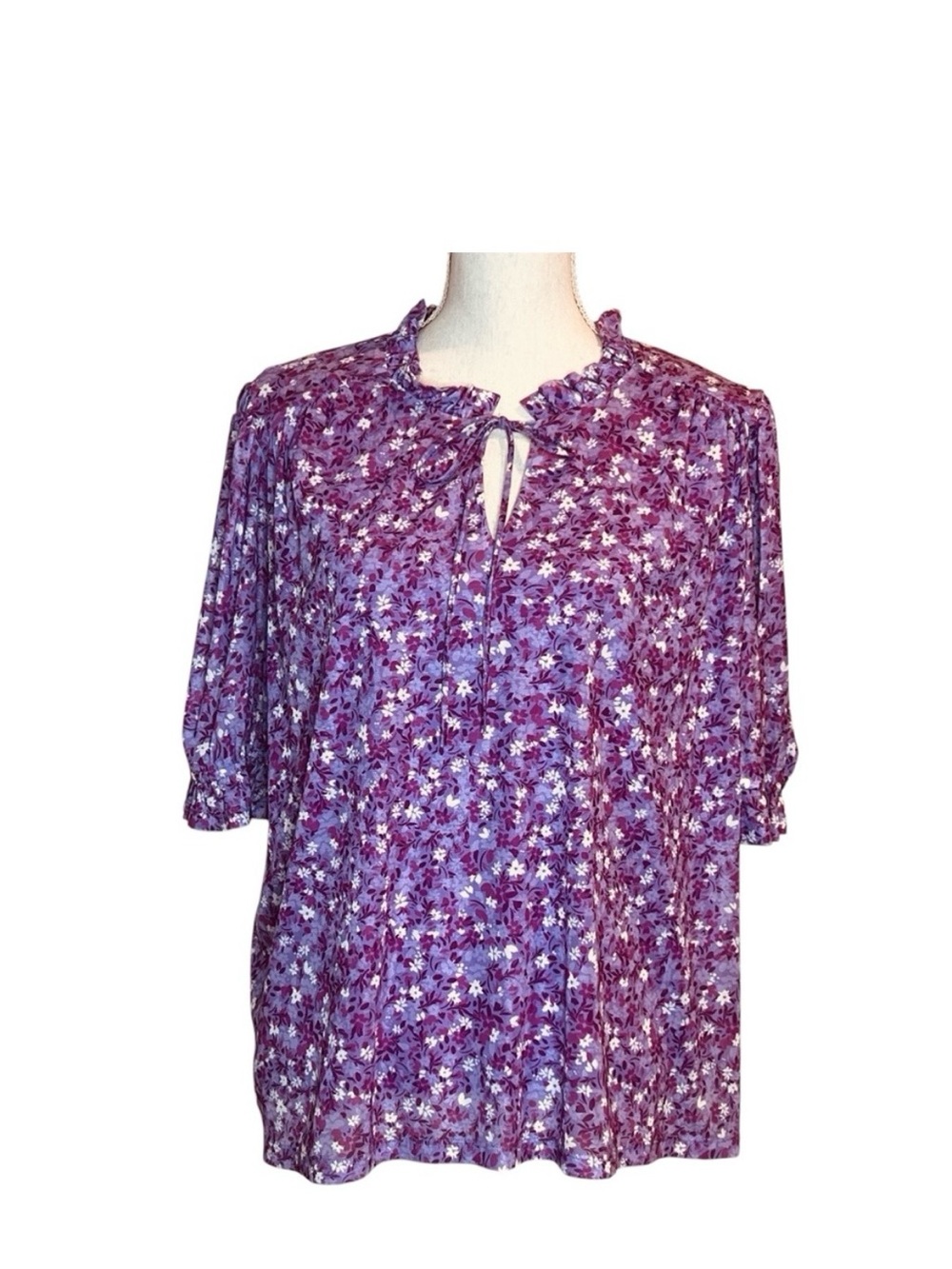 Draper James RSVP Lilac Purple Floral Short Sleeve Top Ruffle Neck Women Size XL